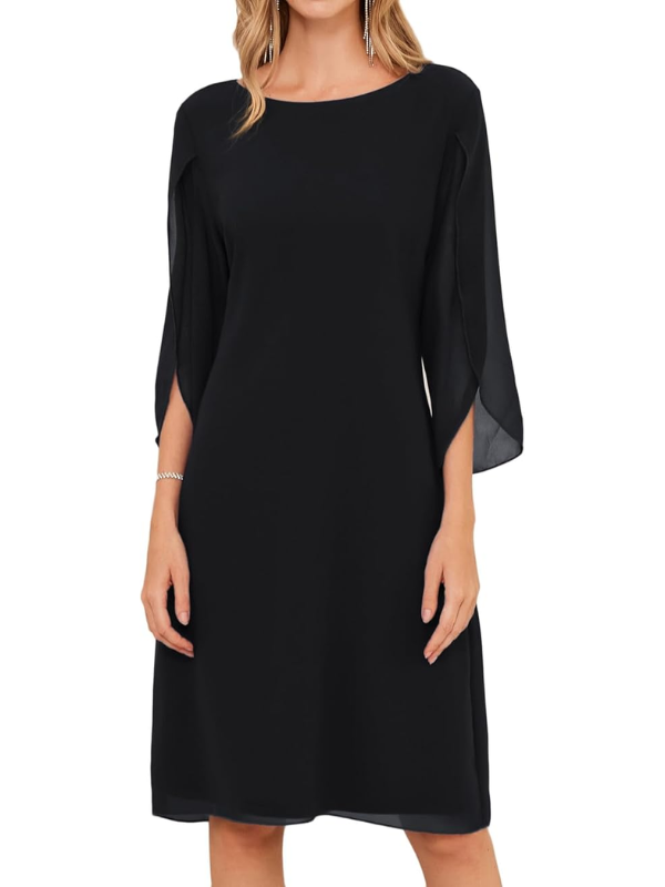 Drune | Shift Kleid Knielang Bateau Ausschnitt Dreiviertel Schlitzärmel Fließend