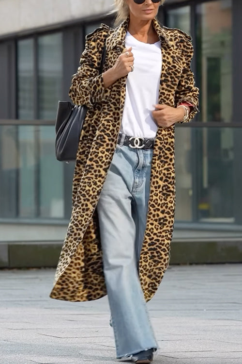 Drune | Rosiedress Revers Offene Vorderseite Leopard Midi Trendy Mantel
