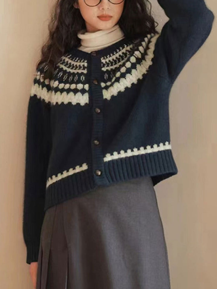 Drune | Retro Kontrast Strickjacke mit Knöpfen