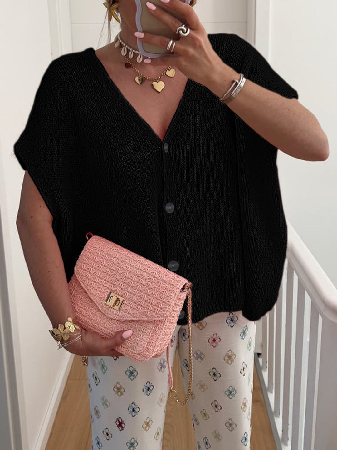 Drune | V-Ausschnitt Kurzarm Cardigan