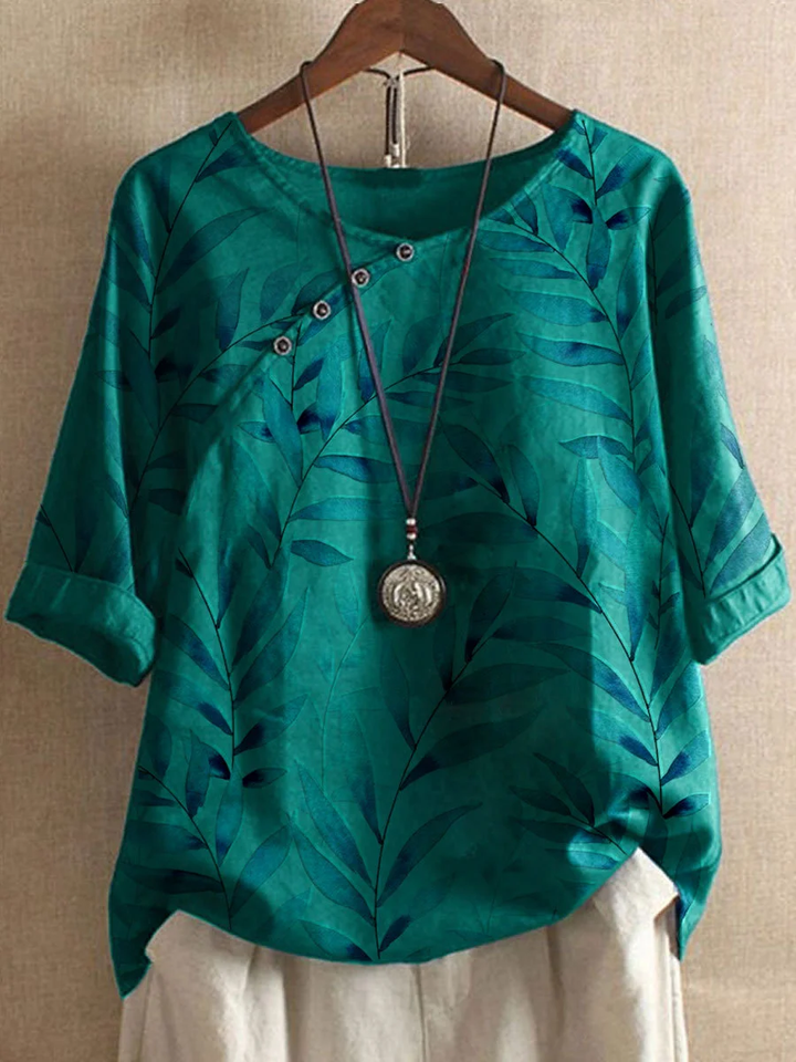 Drune | Freizeit-T-Shirts aus Baumwolle und Leinen, mit Sommerblumenmotiven und Knöpfen