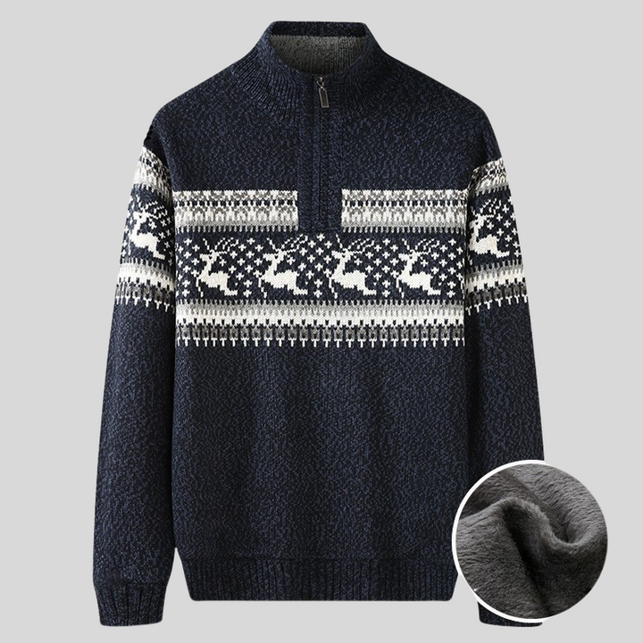 Drune | Nordic Strickpullover Halber Reißverschluss mit Hohem Kragen Warme Plüschfutter