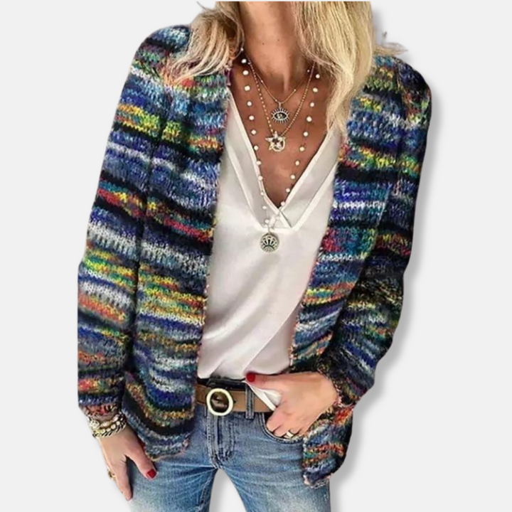 Drune | Wolle Offene Front Strickjacke Gestreift Lässig Passform Strickjacke