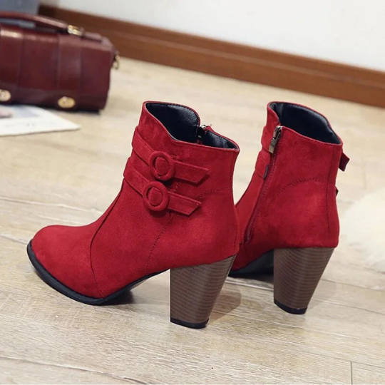 Drune | Damen Wildleder Ankle Boots mit Doppelsteckverschluss, Hohem Blockabsatz, Reißverschluss