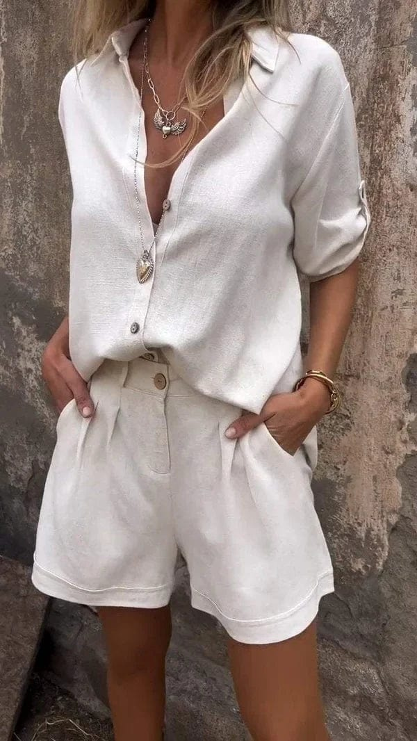 Drune | Knitterfreies Leinen Damen Satz Kurze Hose Und Bluse Mit Atmungsaktivem Komfort