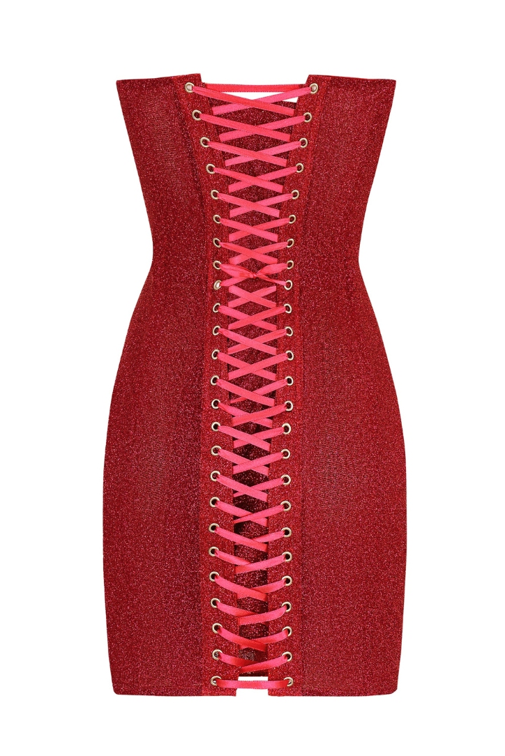 Drune | Trägerlos Glitzer Rot Korsett Mini Kleid