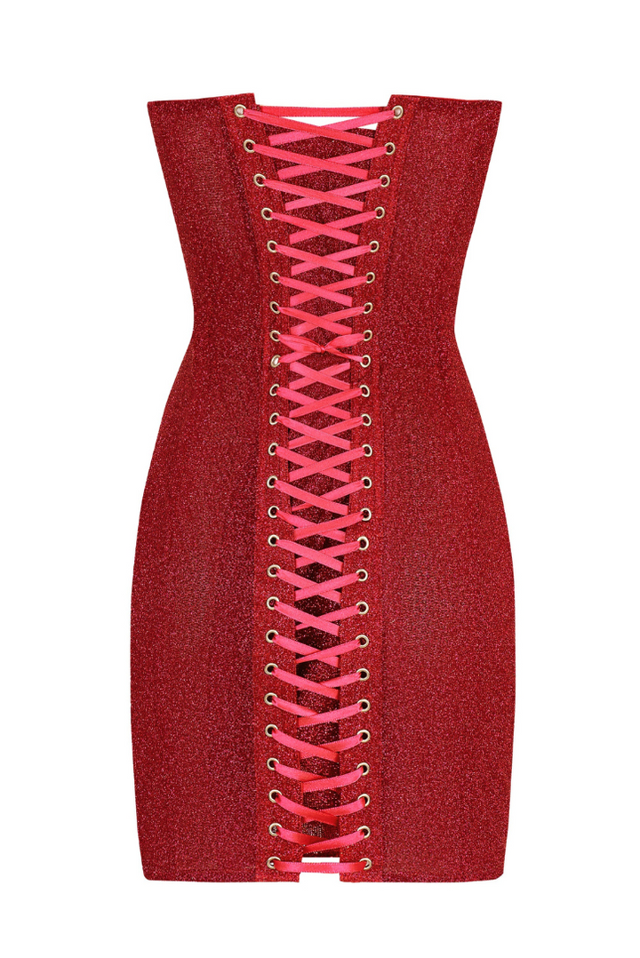 Drune | Trägerlos Glitzer Rot Korsett Mini Kleid
