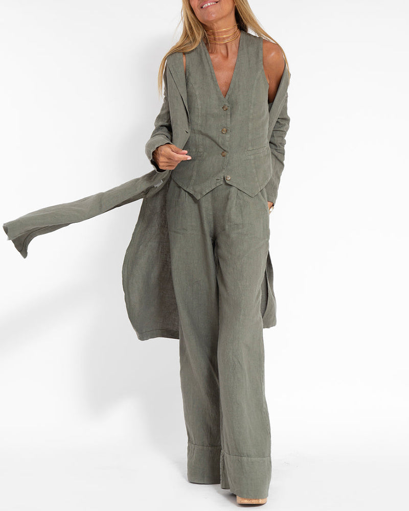 Drune | Elegantes 2-Teiliges Set Leinen Weite Hose & Weste