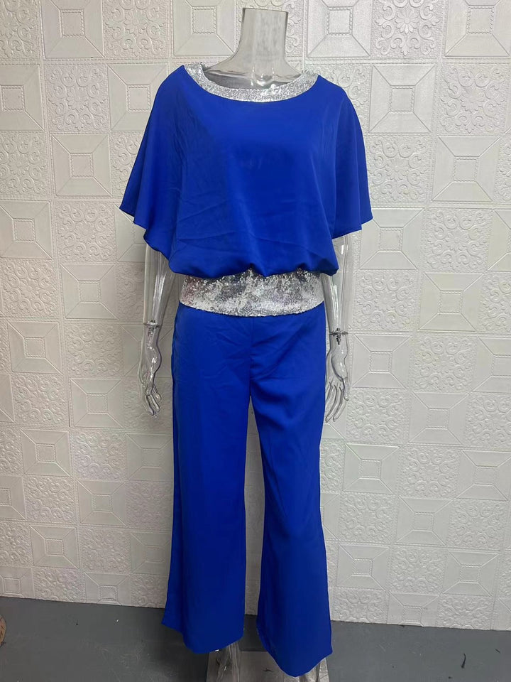 Drune | Rundhalsausschnitt Pailletten Farbe Matching Batman Wide Leg Pants Set