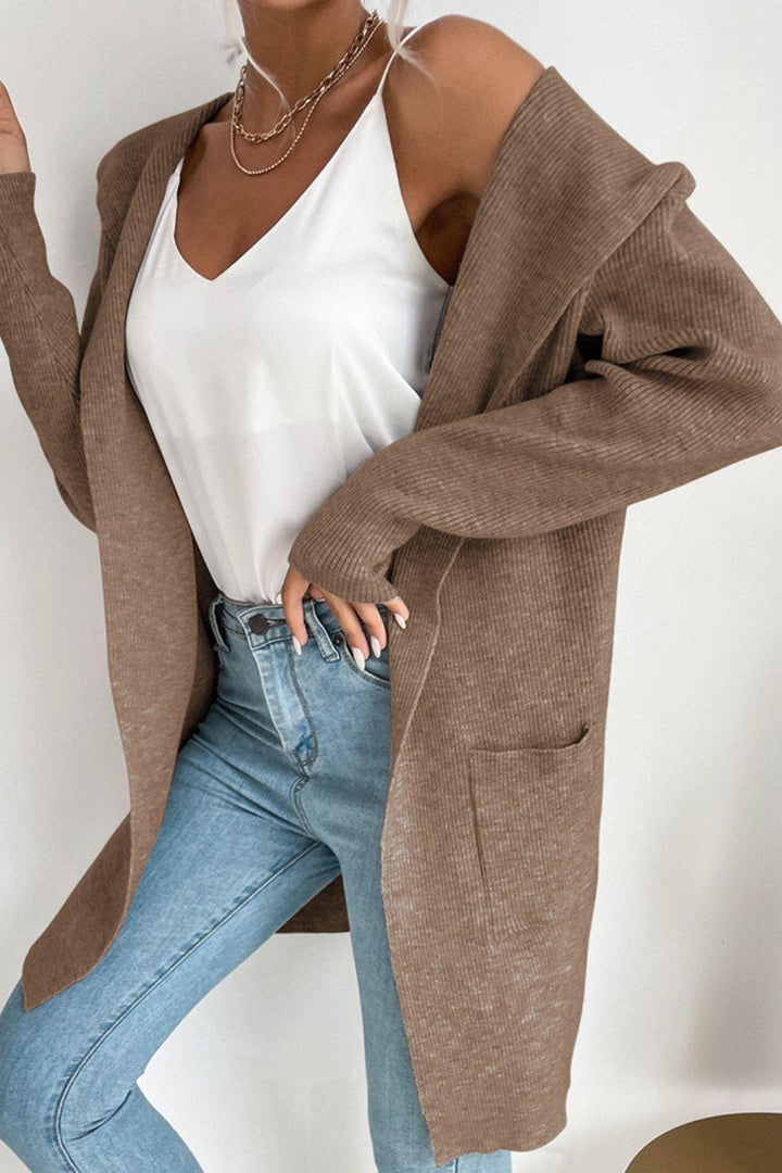 Drune | geripptes offen-front Cardigan mit Kapuze und Taschen
