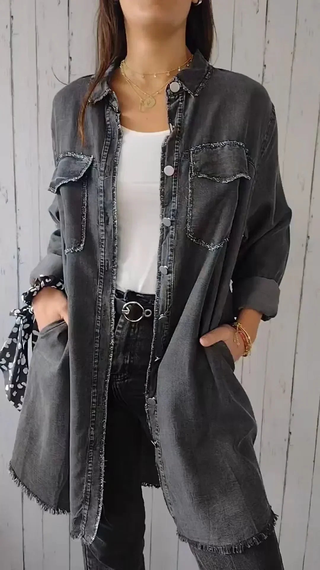 Drune | Bequeme Lange Hemdbluse aus Faux-Denim