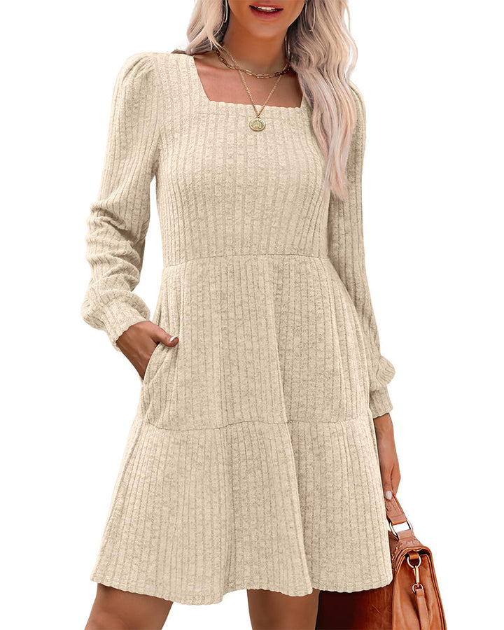 Drune | Damenkleid mit Quadrat Ausschnitt Laternenärmeln und Rippstruktur