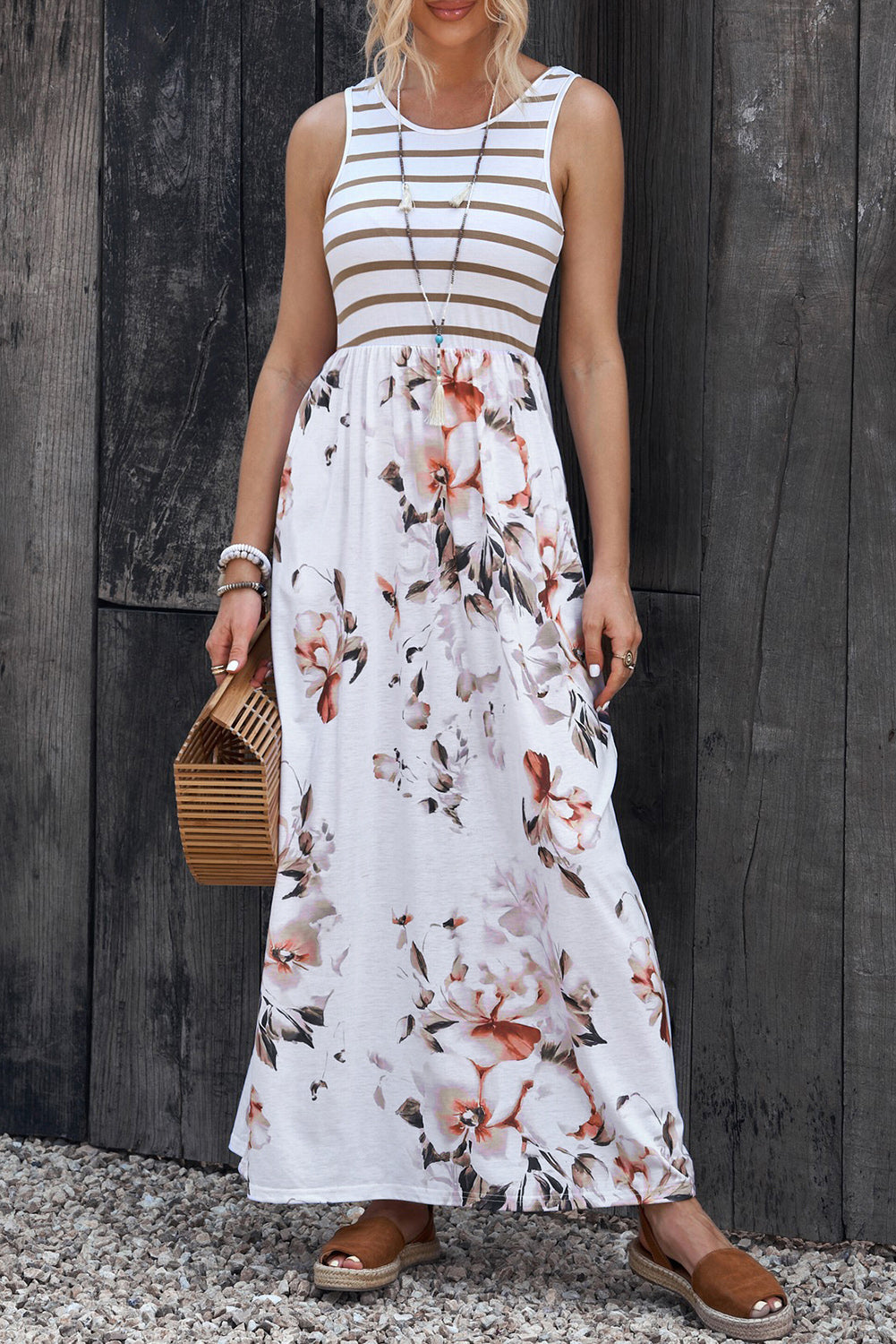Drune | Gestreiftes Floral Rundhals Ärmelloses Maxikleid