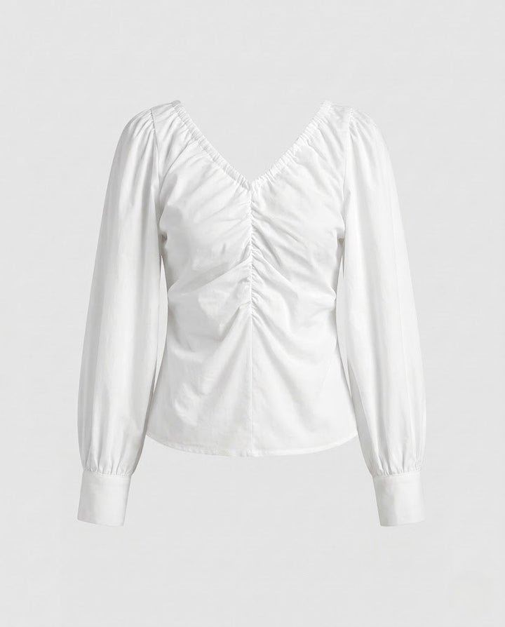 Damen Gerüschtes V‑Ausschnitt Puffärmel-Blusenshirt mit taillierter Raffung Drune