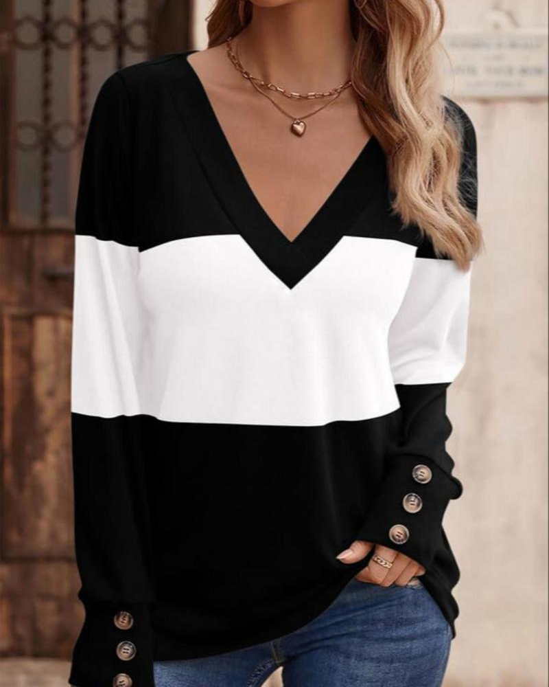 Drune | Shirt Damen Colorblock Druck Knopf Deko Fallende Schulter