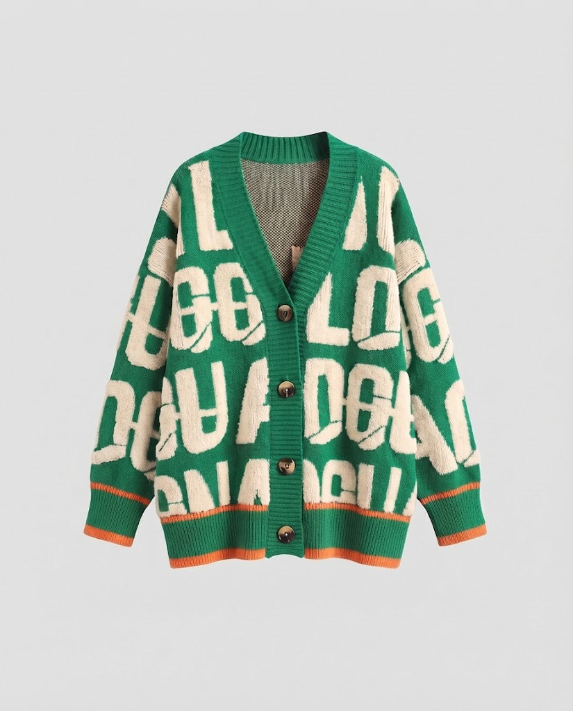 Damen Grobstrick-Cardigan im Lettering-Jacquard mit übergroßer Passform und V-Ausschnitt Drune