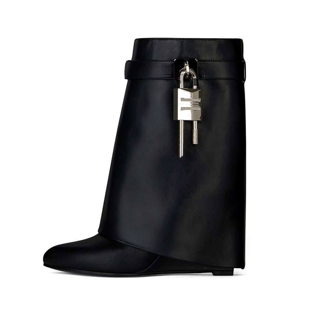 Drune | Damenmode Schräge Ferse Rundzehen Lederoberfläche Hoher Absatz Reißverschluss Kurze Stiefel