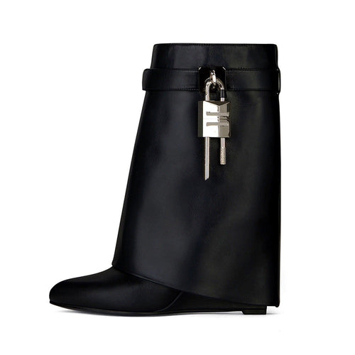 Drune | Damenmode Schräge Ferse Rundzehen Lederoberfläche Hoher Absatz Reißverschluss Kurze Stiefel