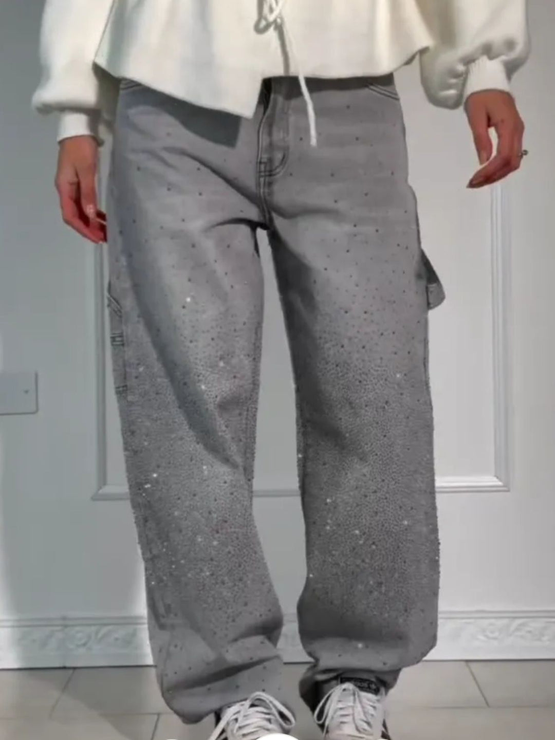 Drune | Damen Gewaschene Jeans Mit Strassdetails Im Weiten Schnitt