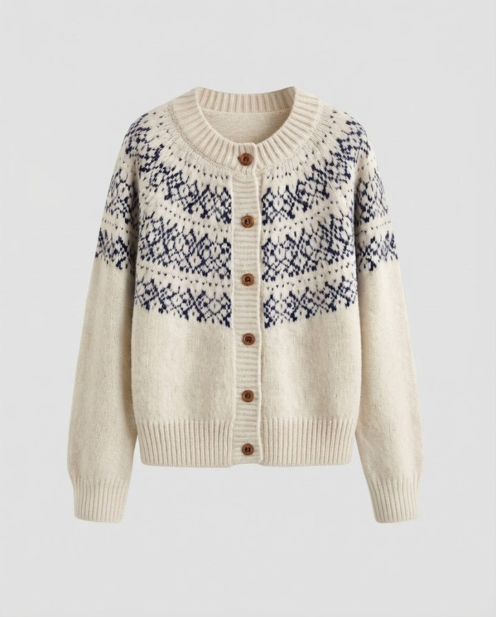 Damen Kurzcardigan im Skandi‑Look mit Rundpasse und Holzknopfleiste Drune