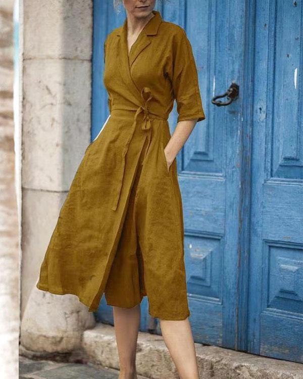 Drune | Baumwoll-Leinen Gürtelkragen Kleid