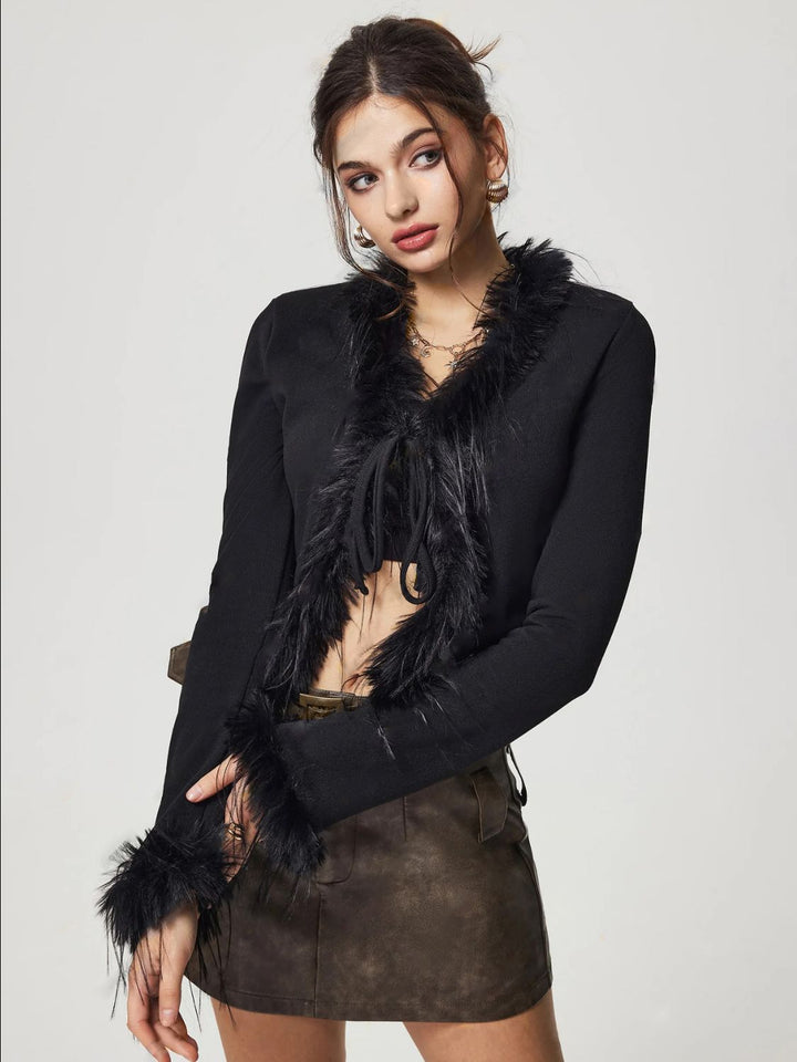 Drune | Gebunden Fuzzy Trim Langarm Strickjacke