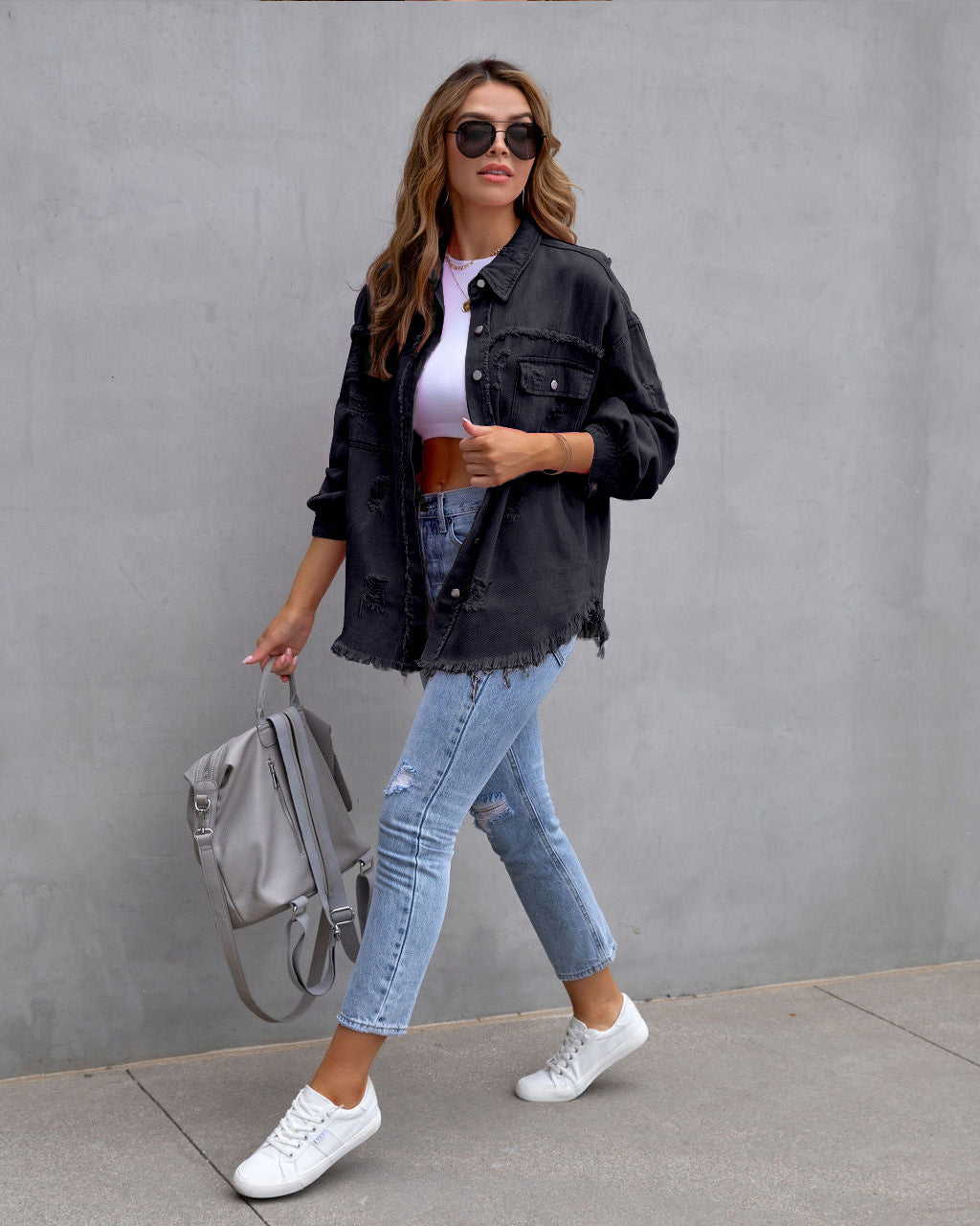 Drune | Denim Bluse - Damen Jeansjacke mit fransigen Details und Knopfverschluss