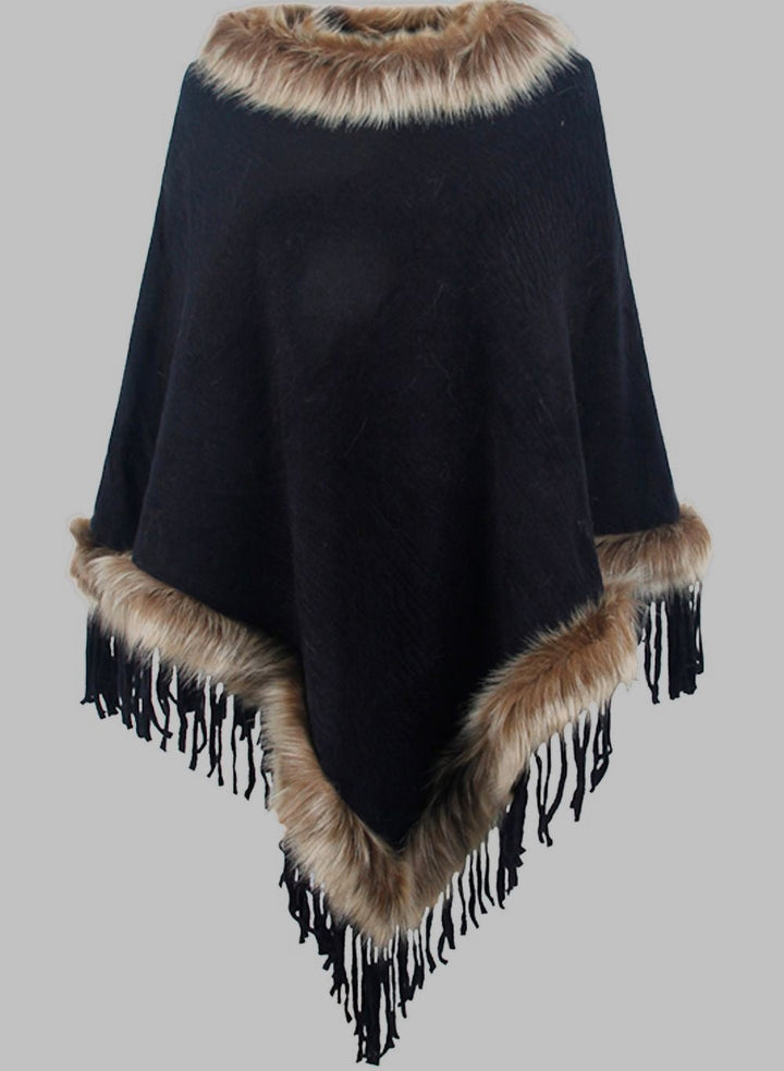 Drune | Elegante Damen Poncho mit Pelzkragen und Fransen