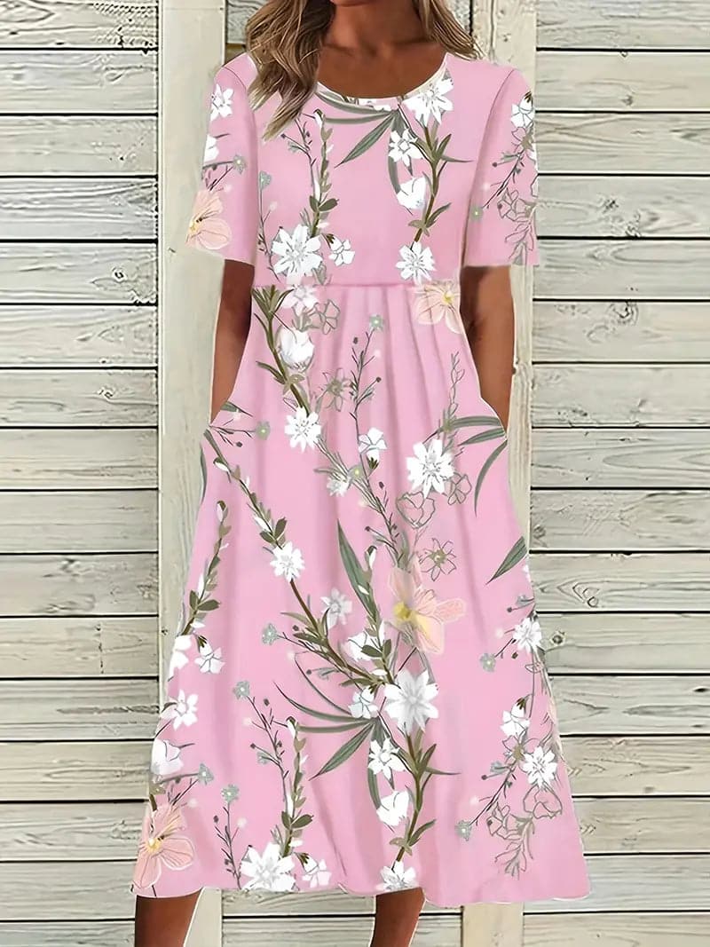 Drune | Midi Kleid Blumendes Muster Rundhals Kurze Ärmel Luftig und Bequem