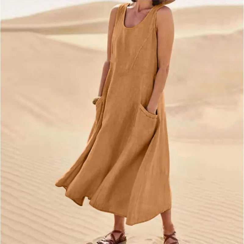 Drune - Leinen-Baumwoll-Ärmelloses Kleid für Frauen