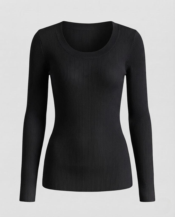 Damen Feiner Rippstrick-Longsleeve mit breitem Rundhalsausschnitt und taillierter Silhouette Drune