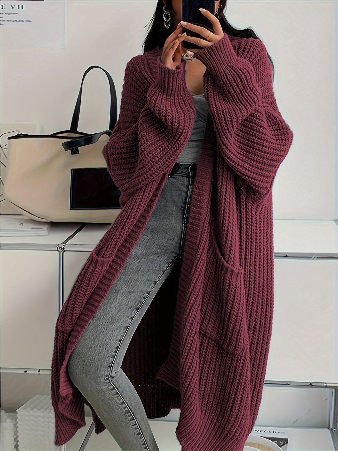 Drune | Lange Aufgenähte Taschen Wolle Strickjacke Für Damen - Perfekt für Alltag