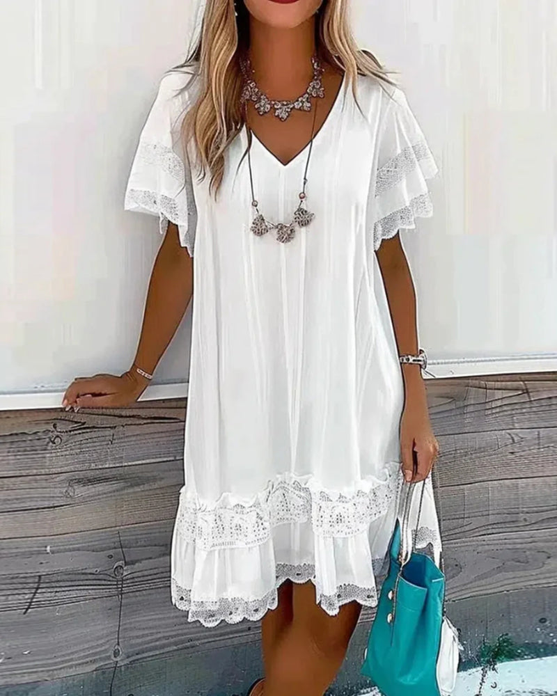 Drune | Kurzärmliges Weißes Sommerkleid mit Spitzenpaneelen