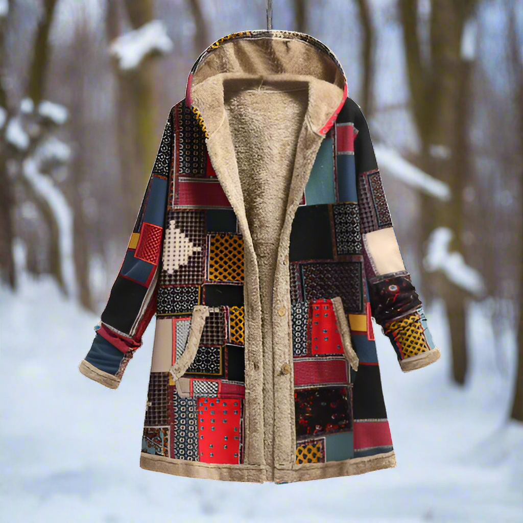 Drune | Langer Patchwork-Mantel - Gefüttert mit Fleece - Kapuze & Knopfverschluss - Lässiger Look