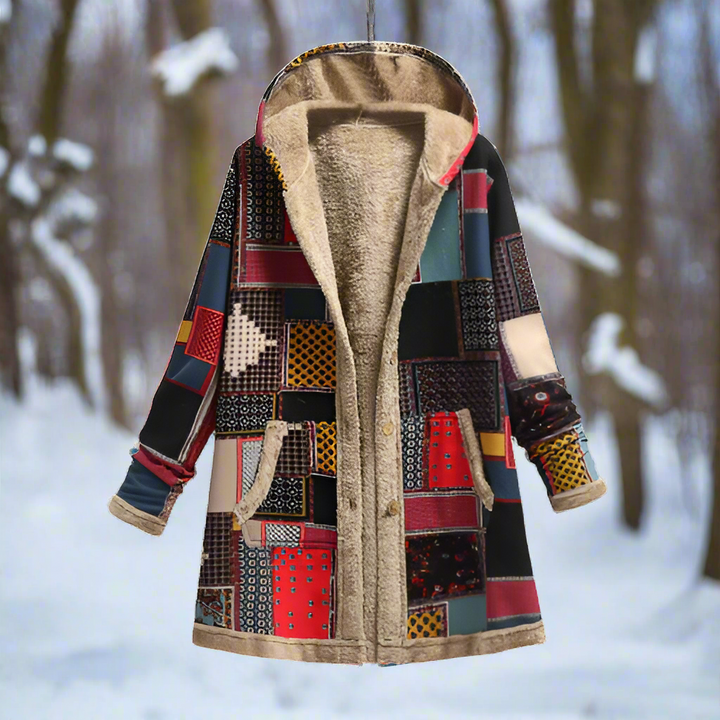 Drune | Langer Patchwork-Mantel - Gefüttert mit Fleece - Kapuze & Knopfverschluss - Lässiger Look