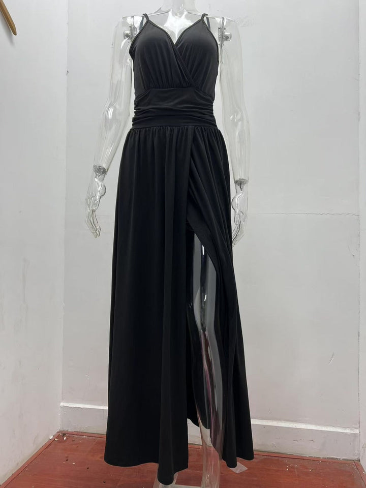 Drune | V-Ausschnitt Hosenträger ärmellos sexy rückenfreies farblich passendes Kleid