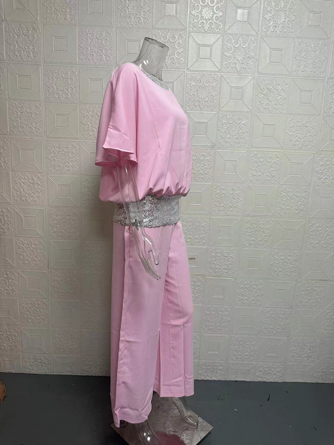 Drune | Rundhalsausschnitt Pailletten Farbe Matching Batman Wide Leg Pants Set