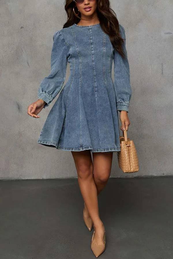 Drune | Fade Into You Denim Prinzessinnenlinie Rückenreißverschluss Flare Stretch Mini Kleid