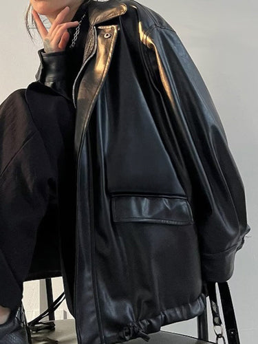 Drune | oversized schwarzer veganer Lederjacke mit Reißverschluss