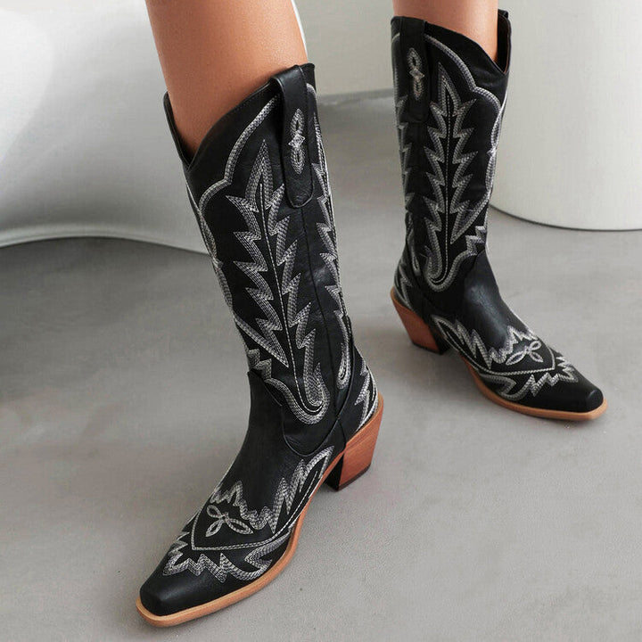 Drune | Bestickte Lange Kniehohe Stiefel Spitz Zehe Chunky Absatz Hoher Absatz