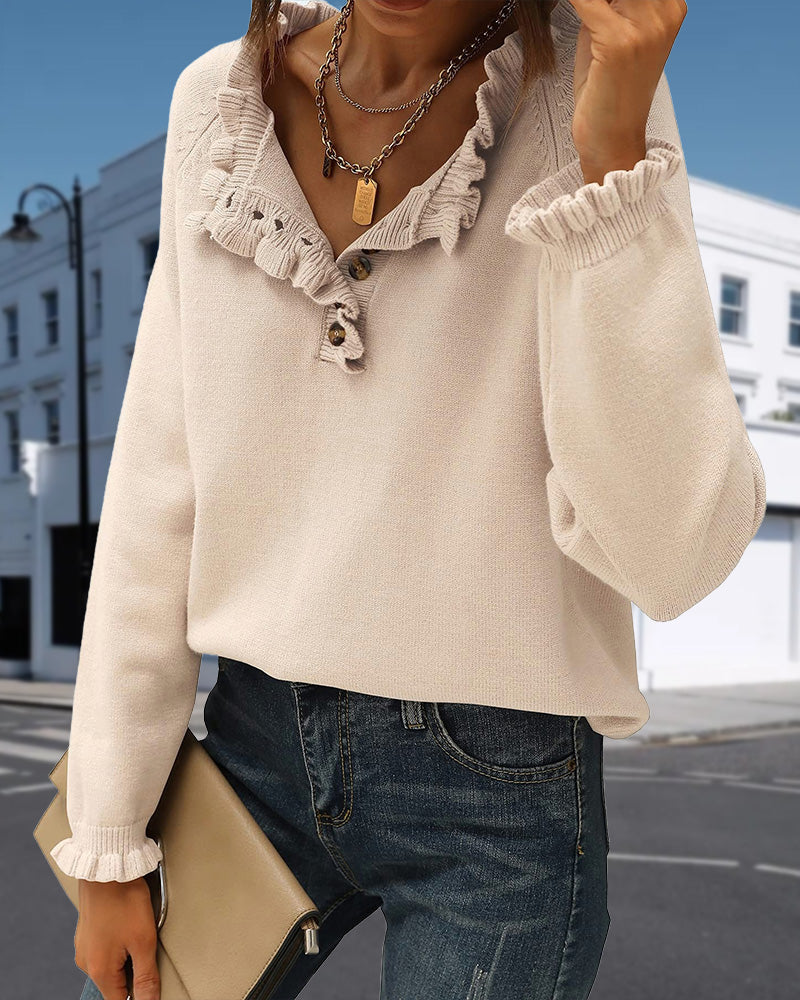 Drune | Lässiger Einfarbiger Pullover mit Reversknopf und Rüschen