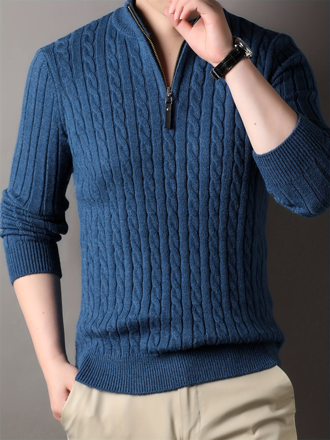 Drune | Lässiger Herrenpullover aus Zopfstrick mit Reißverschluss