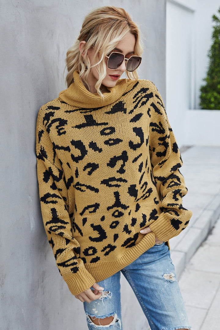 Drune Lockere Leopardenmuster Umlegekragen Pullover