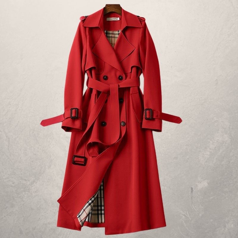 Drune | Trenchcoat Lang Klassisch Schnitt Doppelreiher mit Gürtel und Sturmklappe