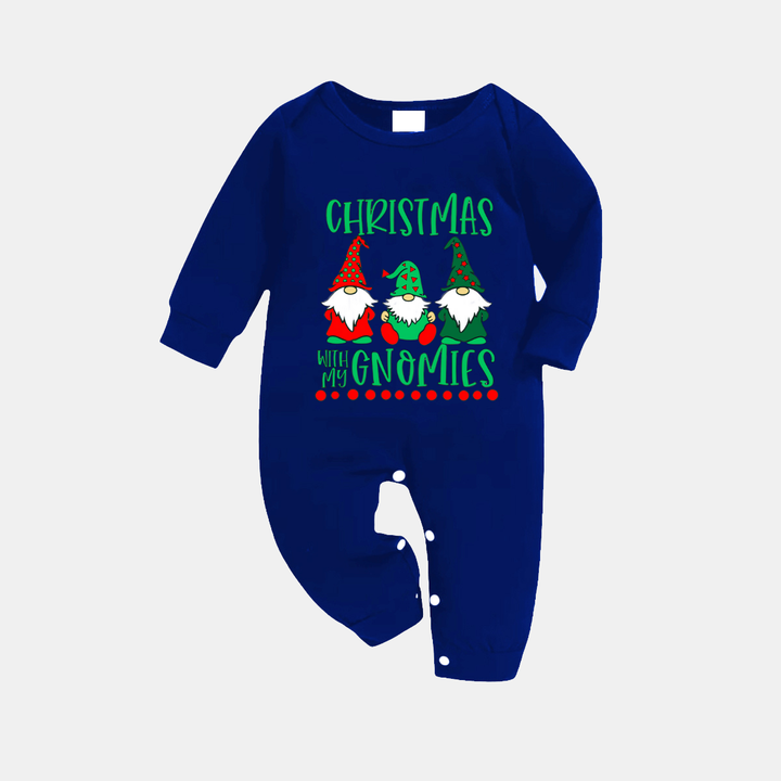 Drune | Marineblaues und weißes karierter Weihnachts-Pyjama-Set mit "Weihnachten mit meinen Gnomies" Textdruck