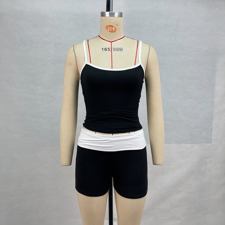 Drune | Hosenträger Nabel Kontrast Top Niedrige Taille Shorts Set