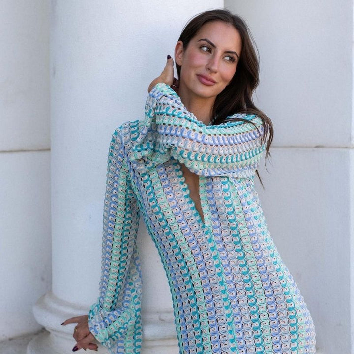 Langärmliges Häkel-Maxikleid mit Streifenmuster