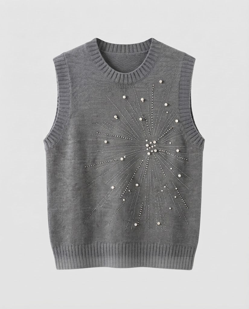 Damen Ärmellose Feinstrickweste mit Perlen- und Strass-Sonnenmotiv Drune