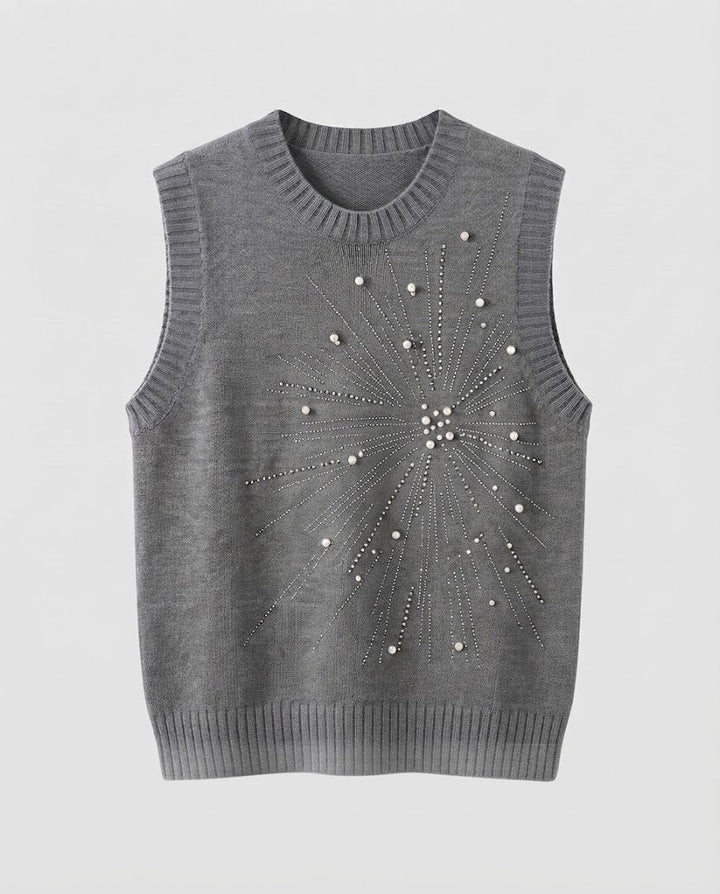 Damen Ärmellose Feinstrickweste mit Perlen- und Strass-Sonnenmotiv Drune