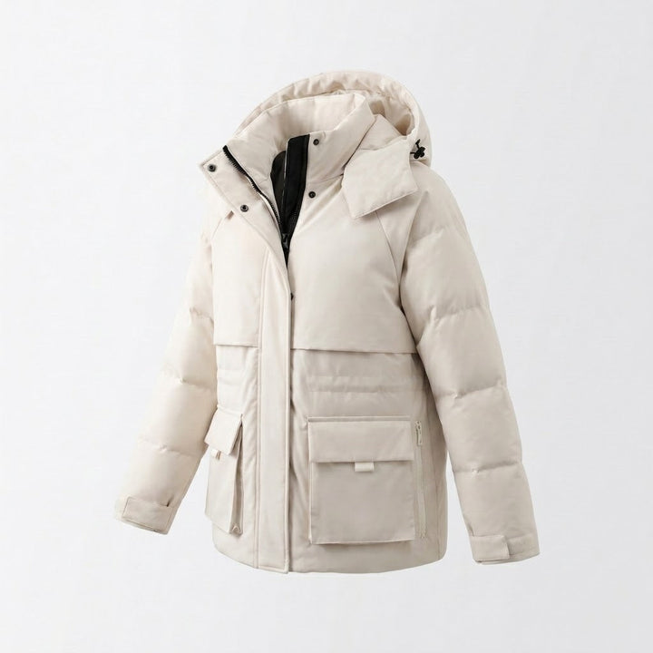 Damen kurze gepolsterte Parka mit großer Kapuze, multifunktionalen Klappen Taschen und hohem Kragen